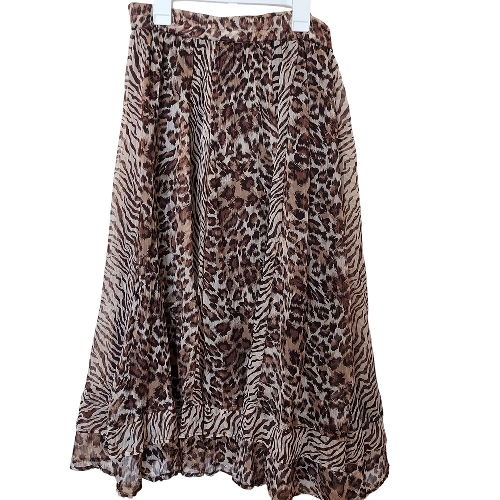 Animal Print Maxi Skirt Brown Leopard Zebra Ruffle Boho Chiffon Mobwife Safari S